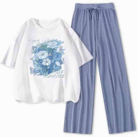 冰絲休閒運動套裝【白色（冰蝶花）+藍褲】【S-XL碼】（下單後請聯絡客服確認發貨尺碼）