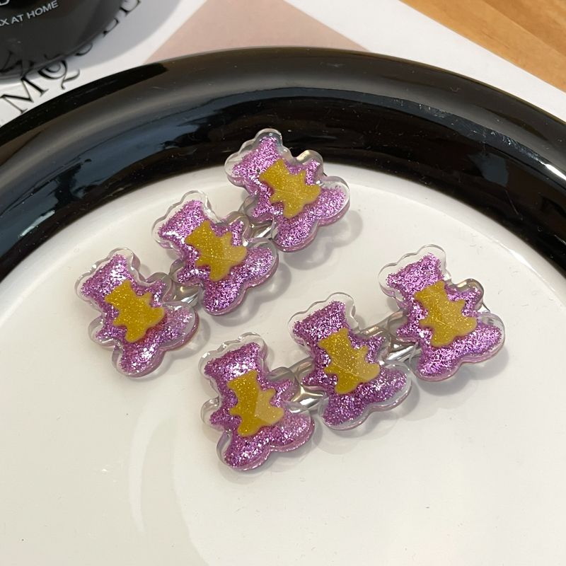 兒童彩色小髮夾側邊夾 頭飾/髮飾(1-鴨夾三小熊紫色+黃色-1對)