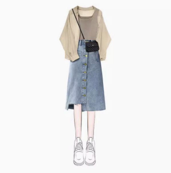 牛仔套裝裙（咖色吊帶+杏色防曬衫+牛仔半身裙S-XL）（下單後聯絡客服確認發貨尺碼）#F350001059