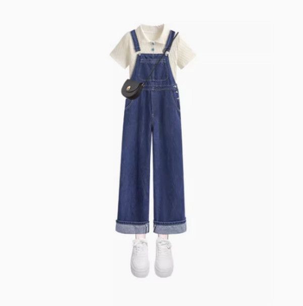 背帶褲套裝（杏色上衣+牛仔背帶褲S-2XL）（下單後聯絡客服確認發貨尺碼）#F350001091