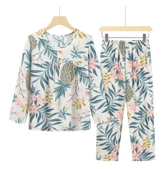 夏季中老年長袖套裝（杏色菠蘿葉子）【尺碼：L-2XL】【下單後聯絡客服確認發貨尺碼】F203013211