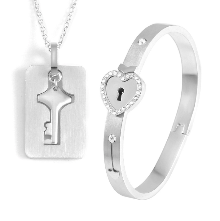 (Silver) Couple Amphibole Bangle + Key Pendant Necklace x 1 Set Key Pendant Open Bracelet