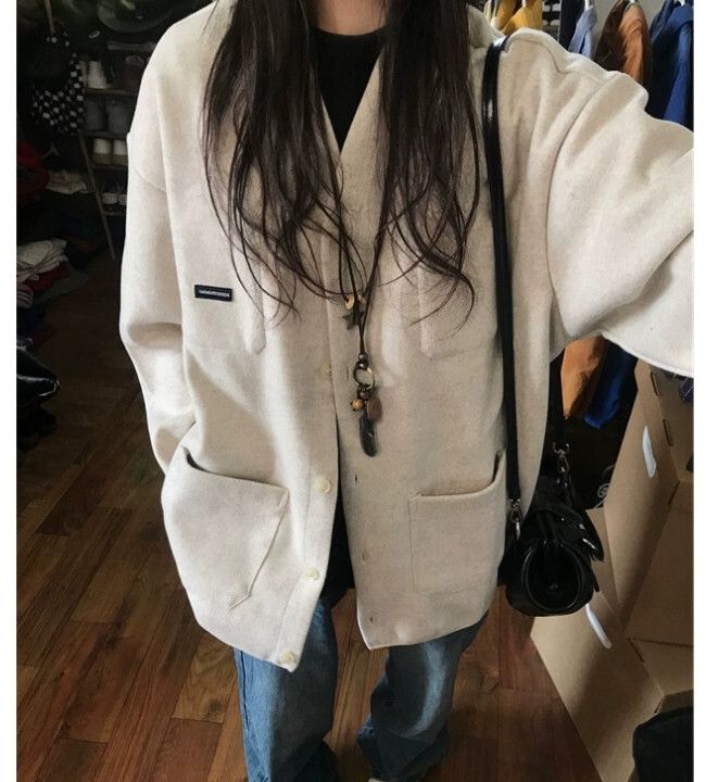 美式V領開衫外套 休閒夾克上衣（淺灰色）（尺碼：S/M/L/XL）（下單後聯絡客服確認發貨尺碼）#S002078065