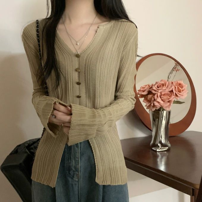 V領開叉紐扣針織衫(均碼)(卡其色)#K004008441