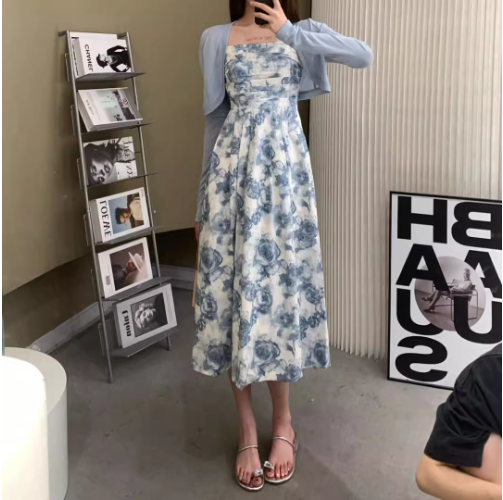 開衫碎花吊帶裙套裝（藍色開衫+碎花吊帶連衣裙）（規格：S-XL碼）(下單後聯絡客服確認發貨尺碼) #F047050313
