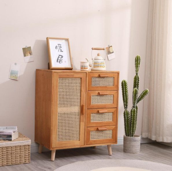 實木藤編餐邊櫃收納櫃（淺胡桃一門四抽【橡膠木】）#H148064861