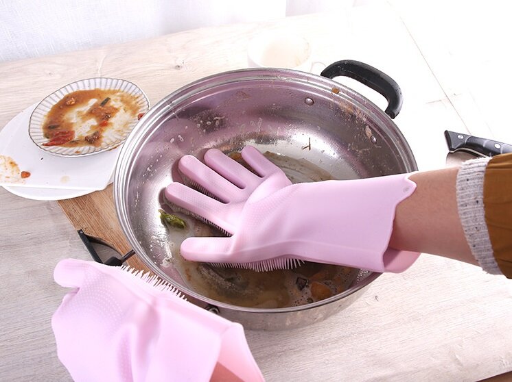 [Pink] Non-slip and heat-insulated household cleaning and dishwashing multi-purpose gloves