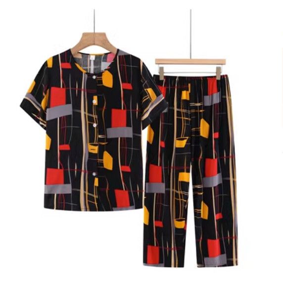 夏季中老年綿綢開衫套裝（黑紅拼色）【尺碼：XL-5XL】【下單後聯絡客服確認發貨尺碼】F203013104