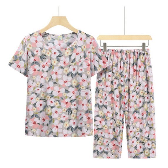 夏季中老年綿綢套裝（淺粉荷花）【尺碼：XL-5XL】【下單後聯絡客服確認發貨尺碼】F203013287