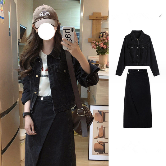 黑色牛仔裙子套裝（牛仔外套+半身裙）（規格：S-XL碼）(下單後聯絡客服確認發貨尺碼) #F047050058