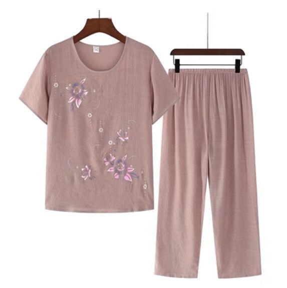 夏季中老年棉麻套裝（駝色）【尺碼：XL-4XL】【下單後聯絡客服確認發貨尺碼】F203013037
