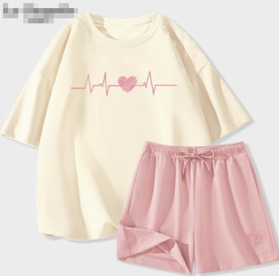 冰絲短褲休閒套裝【奶白色（怦然心動）+粉褲】【S-2XL碼】（下單後請聯絡客服確認發貨尺碼）#K011002469