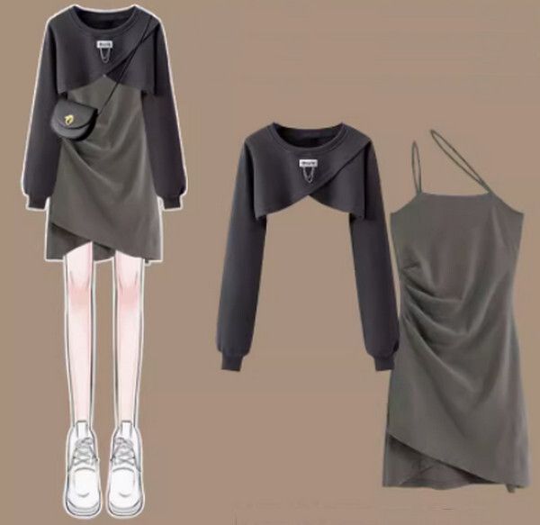 衛衣吊帶兩件套（灰色衛衣+灰色吊帶裙S-3XL）（下單後聯絡客服確認發貨尺碼）#F350001016