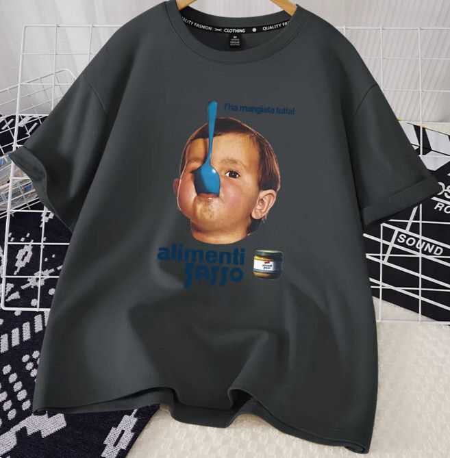 休閒寬鬆短袖T恤(沈靜灰色 頑皮小孩 S-2XL碼）(下單後聯絡客服確認發貨尺碼)#F224012281