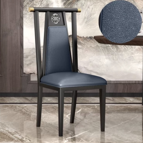 中式古典鐵藝靠背餐椅(H款*黑架藍色花紋皮革)(尺寸:44*51*107CM)