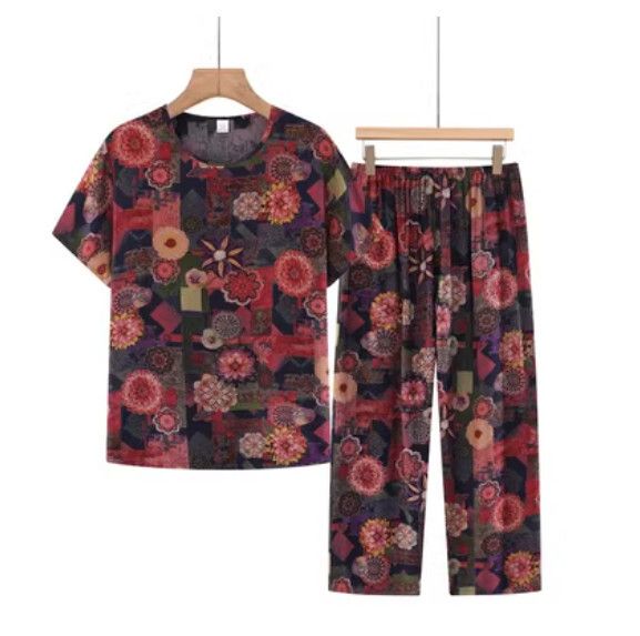 夏季中老年棉麻套裝（紅色花叢）【尺碼：XL-3XL】【下單後聯絡客服確認發貨尺碼】F203013143