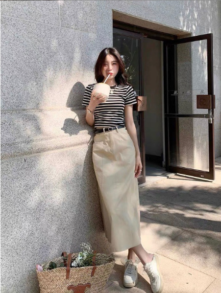 上衣裙子兩件套裝（條紋上衣+卡其半身裙）（規格：S-XL碼）(下單後聯絡客服確認發貨尺碼) #F047050206