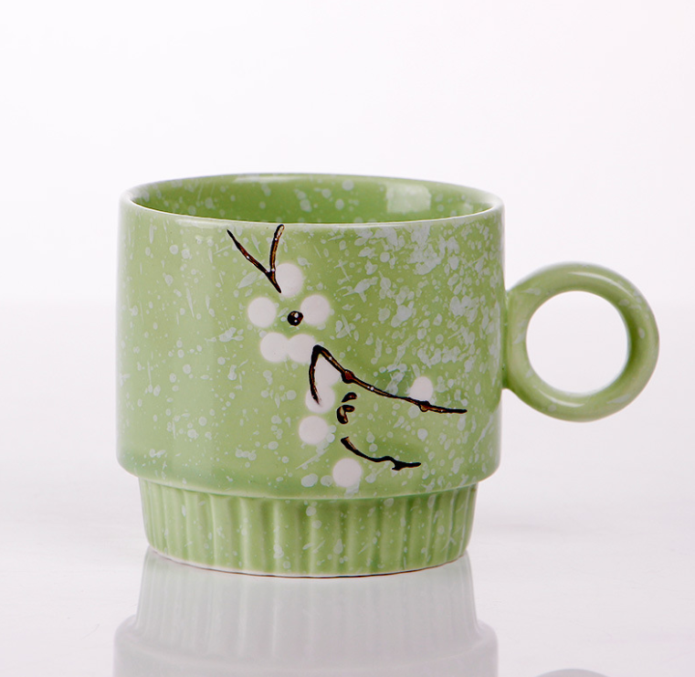 手繪雪花杯 家用陶瓷花茶杯（綠色【單杯】）#N95_012_088