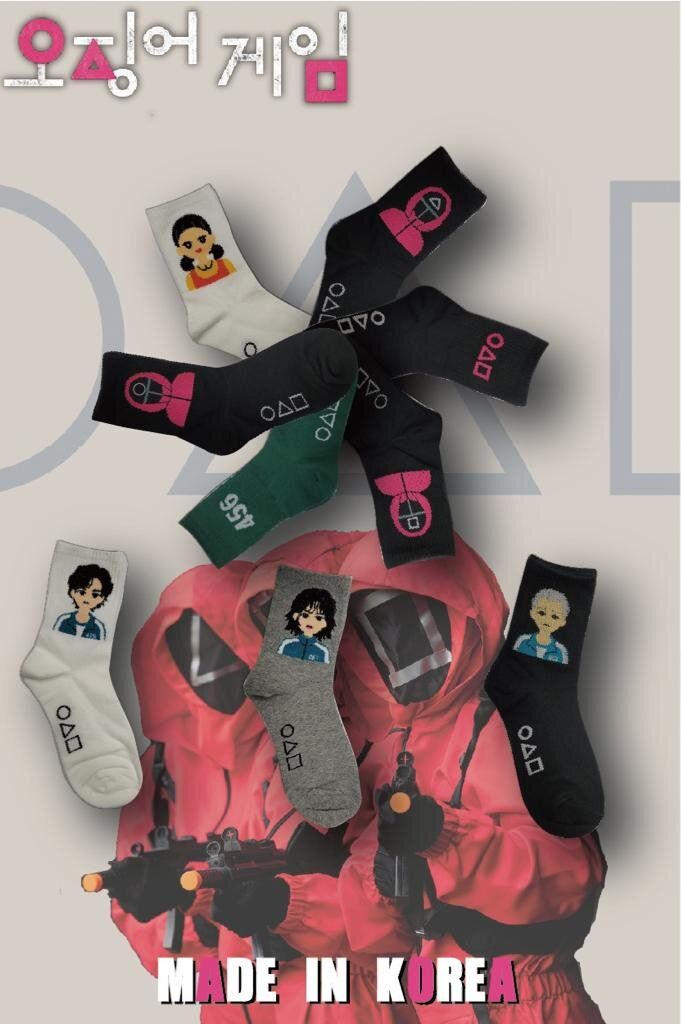 (Random Pattern x 6 Pairs) Squid Game Red Light Green Light Doll/456 etc Design Socks