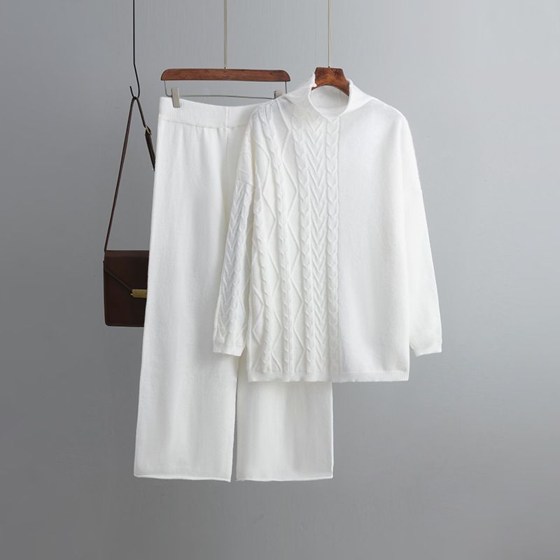 氣質休閒針織毛衣套裝(均碼 上衣+褲子 白色）#F001100143