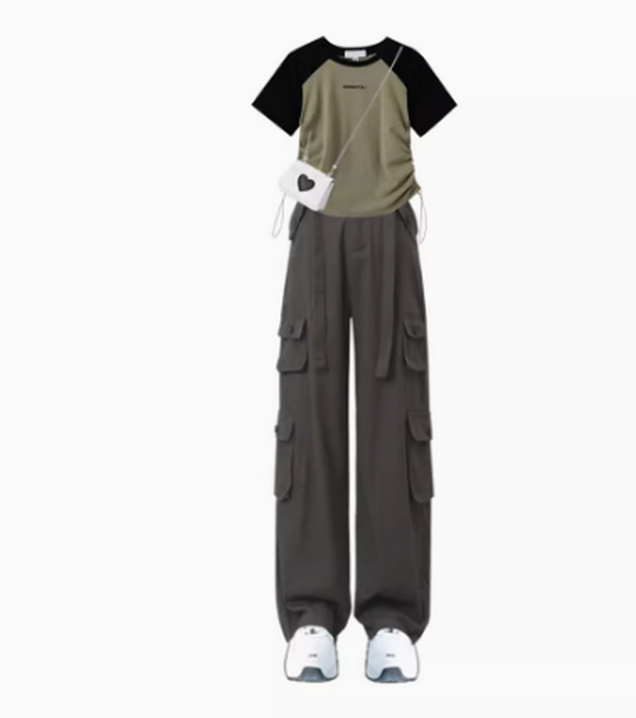 休閒短袖套裝（撞色上衣+休閒工裝褲S-2XL）（下單後聯絡客服確認發貨尺碼）#F350001147