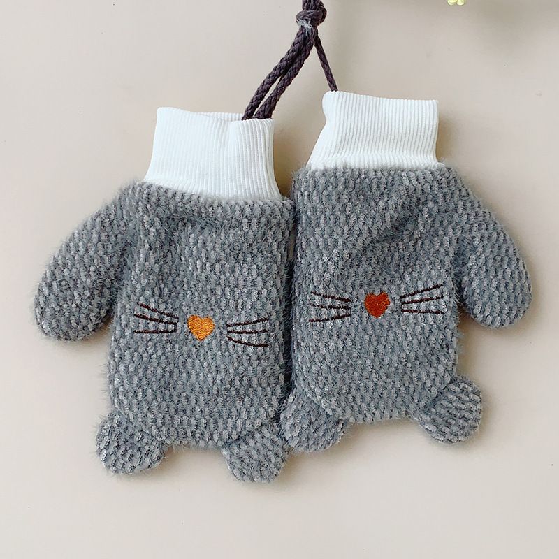 兒童刺繡包指掛脖加厚保暖手套(4-10歲灰色）#S001108301