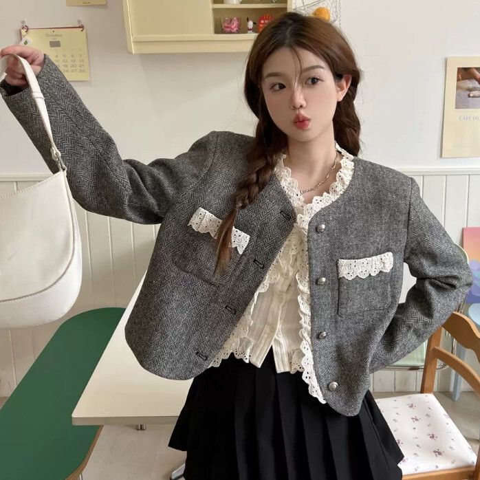 花邊領西服拼接外套(均碼)(麻灰色)#K004008549