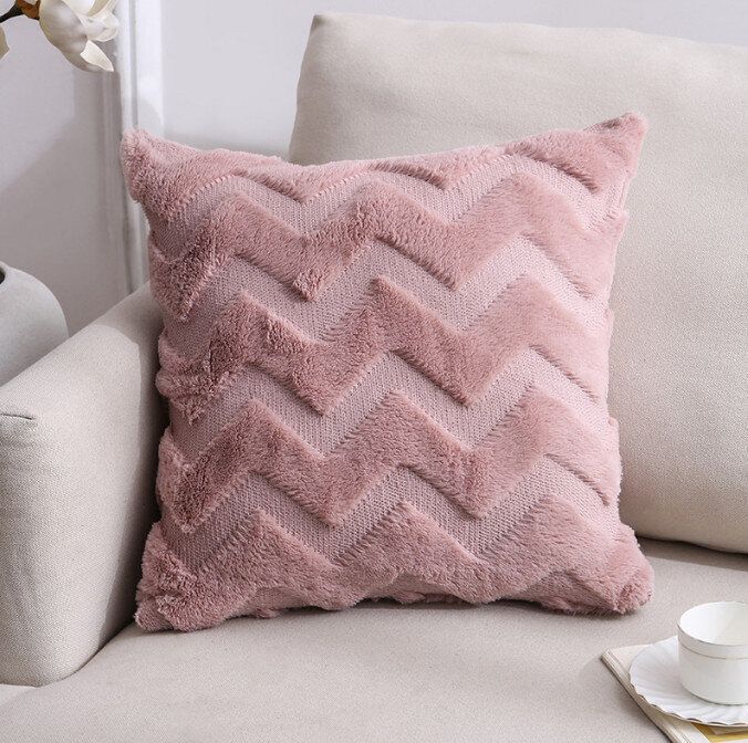 純色毛絨抱枕沙發靠枕(粉色大波浪 45*45cm(枕套+枕芯))