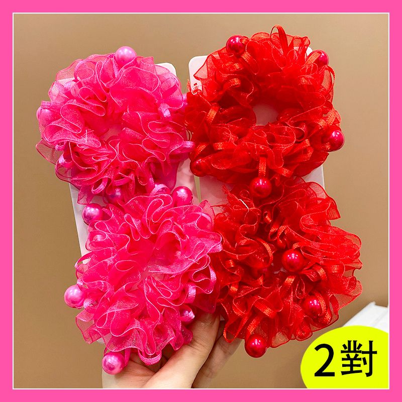 兒童頭花髮飾丸子頭髮圈頭飾髮飾(15#玫紅色+紅色2對)