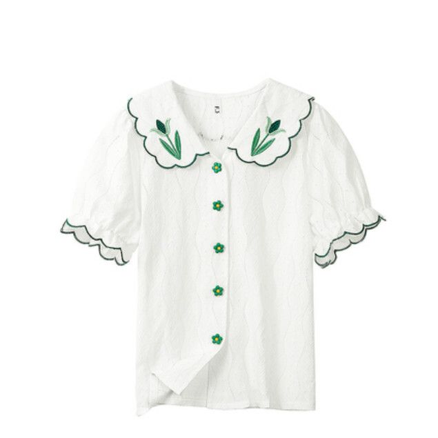 短袖娃娃領刺繡襯衫（綠色 S-4XL碼）(下單後聯絡客服確認發貨尺碼)#F111048461