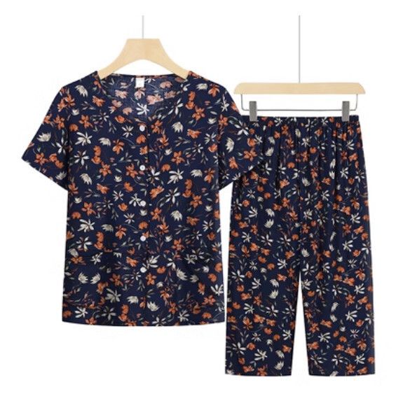 夏季中老年套裝（藏青小花）【尺碼：XL-4XL】【下單後聯絡客服確認發貨尺碼】F203013337