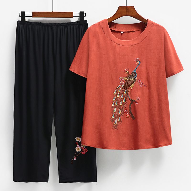 中老年媽媽短袖套裝(XL-4XL碼 橙色）【下單後請聯絡客服確認發貨尺碼】F001099436