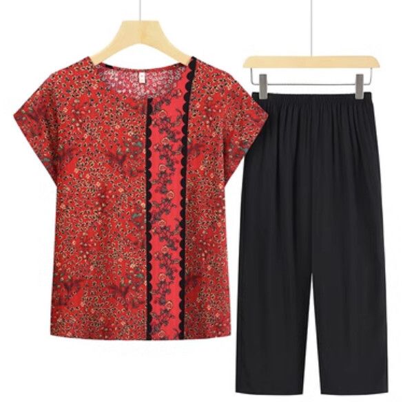 夏季中老年綿綢套裝（紅色）【尺碼：XL-5XL】【下單後聯絡客服確認發貨尺碼】F203013178