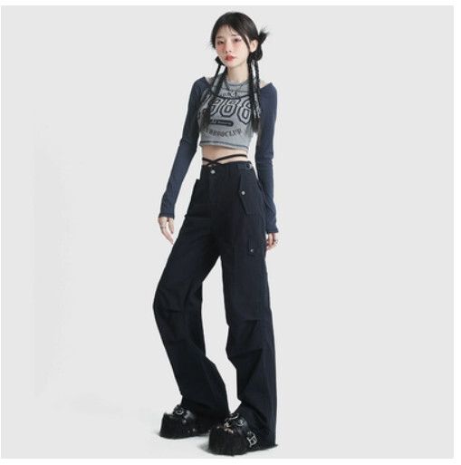 工裝褲高腰闊腿寬鬆復古休閒（藏藍色長褲高品質版）[尺碼：XS-XL][下單後聯絡客服確認發貨尺碼]#F288002616