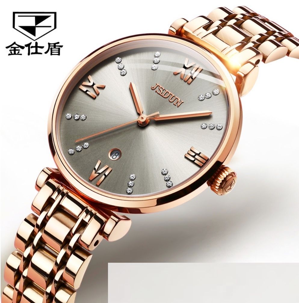 金仕盾防水鑲鑽石英錶女士手錶(鋼玫殼灰面）#S057029240