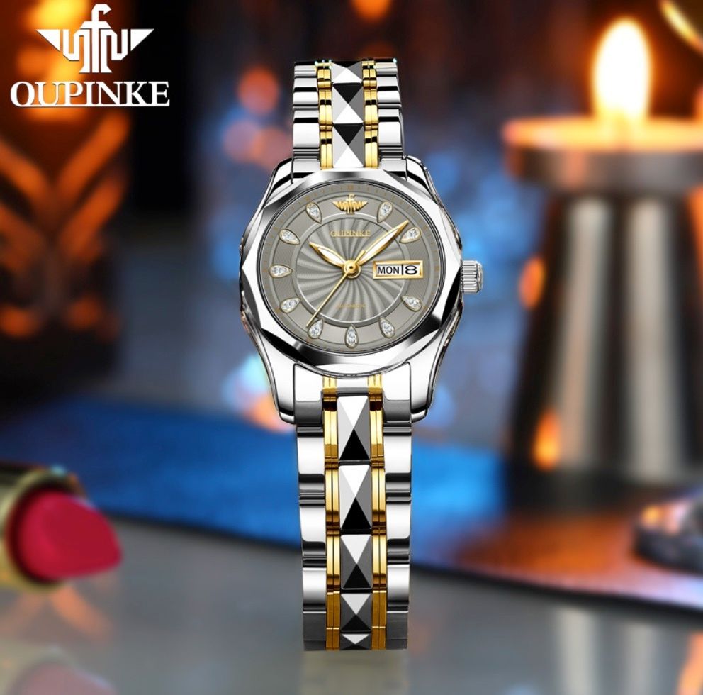 歐品客防水自動機械錶簡約氣質女士手錶(鋼帶間灰女）#S057029185