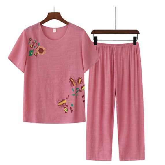 夏季中老年棉麻套裝（駝色）【尺碼：XL-4XL】【下單後聯絡客服確認發貨尺碼】F203013009