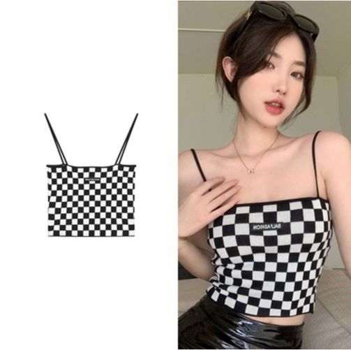 棋盤格吊帶小背心(黑色,均碼)#F220012099