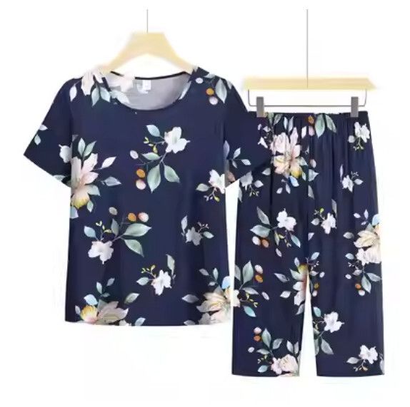 夏季中老年綿綢套裝（藏青）【尺碼：XL-4XL】【下單後聯絡客服確認發貨尺碼】F203013308