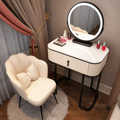 新款輕奢高級北歐網紅ins化妝桌(黑白F70單桌+智能鏡+白花瓣椅)#M362001041