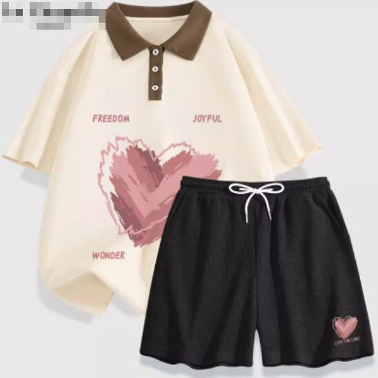短袖短褲兩件套【奶白色（心跳節拍）+黑褲】【S-XL碼】（下單後請聯絡客服確認發貨尺碼）#K011002788