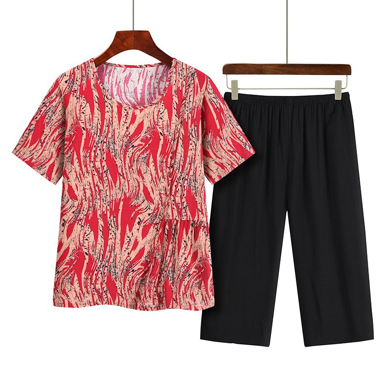 中老年媽媽短袖套裝(XL-4XL碼 紅條紋）【下單後請聯絡客服確認發貨尺碼】F001099357