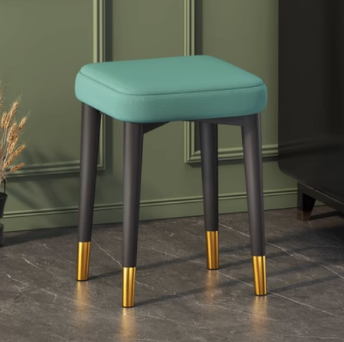簡約現代輕奢舒適小方凳餐椅(棉麻布青綠色/鍍金腳/乳膠墊)(尺寸:30*30*45CM)