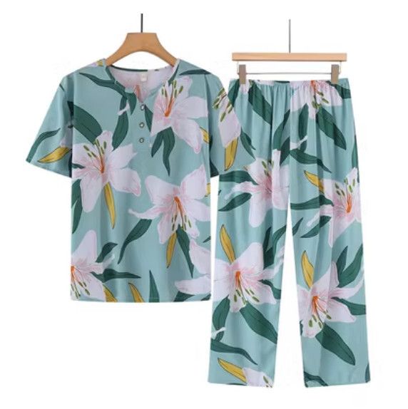 夏季中老年綿綢套裝（綠色大花）【尺碼：XL-4XL】【下單後聯絡客服確認發貨尺碼】F203013232