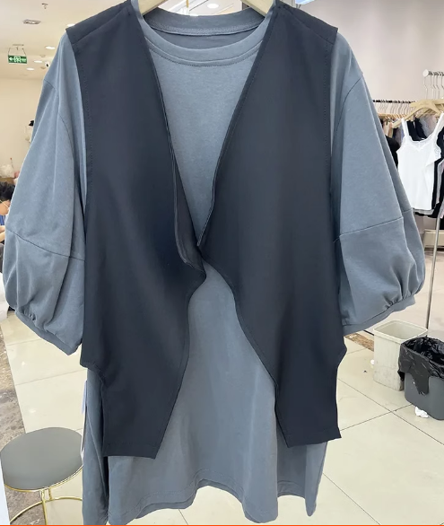五分袖T恤+馬甲套裝（灰色M-4XL）（下單後聯絡客服確認發貨尺碼）#F349001373