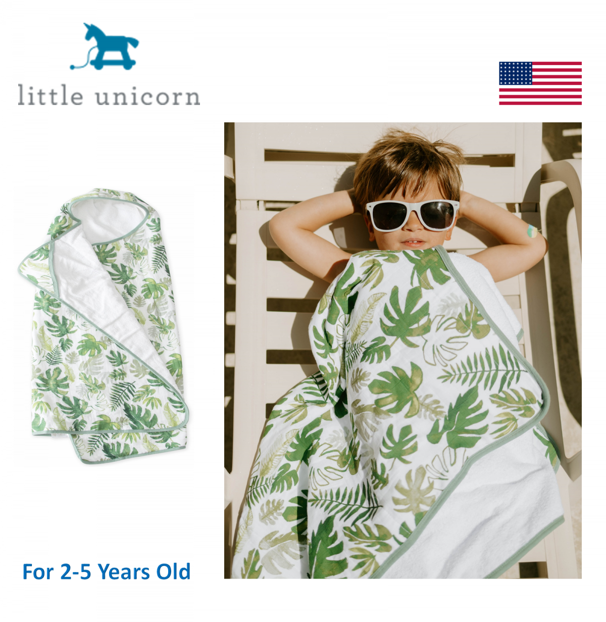 兒童棉紗質連帽浴巾- (2-5 歲適用)-  Tropical Leaf (UH208)