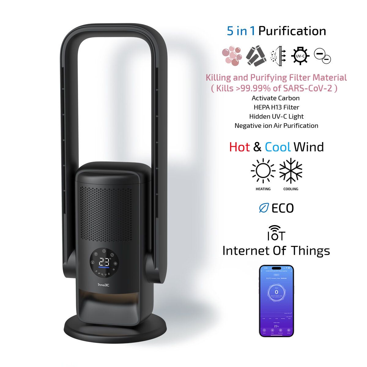 3合1智能IoT 暖風機 + 空氣淨化機 + 無葉風扇 i-ACW3｜空氣淨化 +冷風 + 暖風｜HEPA cum UV-C 紫外線殺菌消毒 空氣淨化器 + 冷暖風機｜手機WiFi無線遙控 空氣清新機