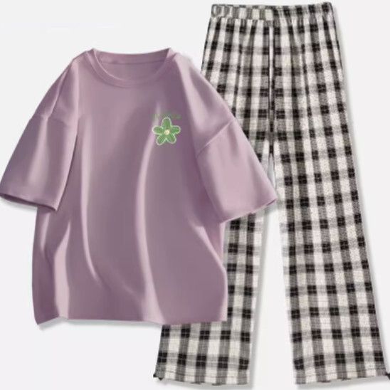 短袖百搭休閒兩件套【香芋紫（清雅花）+黑白褲】【S-2XL碼】（下單後請聯絡客服確認發貨尺碼）#K011002589