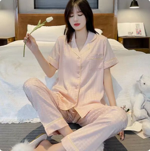 夏天仿真絲冰絲睡衣套裝【冰梅粉(短袖長褲)】【M-2XL碼】【下單後聯系客服確認尺碼】#F078032674
