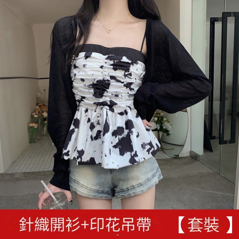 針織開衫+印花吊帶【套裝】（S碼-L碼）（下單後請聯絡客服確認發貨尺碼）#K003007281